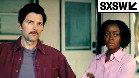 Adam Scott and Danielle Deadwyler in The Saviors; SXSW logo.