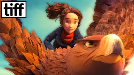 Prue flies on a bird in LAIKA's Wildwood. TIFF logo in left corner.