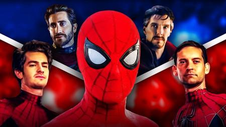 Tom Holland's Spider-Man alongside Peter 2, Peter 3, Doctor Strange and Mysterio.