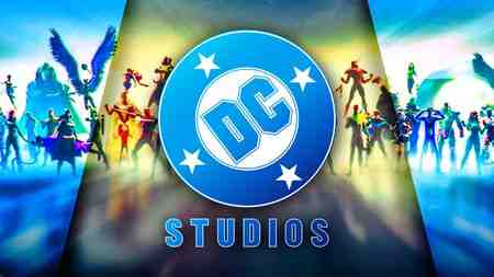 DC Studios logo with Justice League background