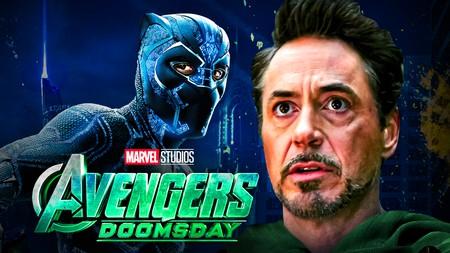 Black Panther, Avengers Doomsday logo, Robert Downey Jr face
