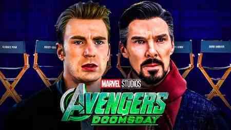 Chris Evans (Steve Rogers) and Benedict Cumberbatch (Doctor Strange), Avengers: Doomsday logo.