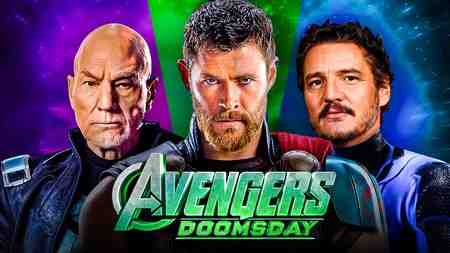 Professor X, Thor, Reed Richards; Avengers Doomsday logo.