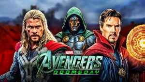 Doctor Doom, Thor, and and Doctor Strange before the Avengers: Doomsday logo.