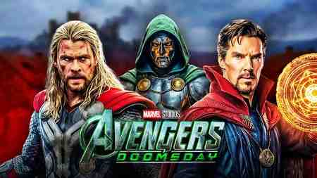 Doctor Doom, Thor, and and Doctor Strange before the Avengers: Doomsday logo.