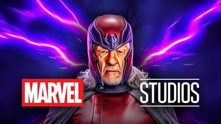 Ian McKellen's Magneto with Marvel Studios logo in front of purple lightning.