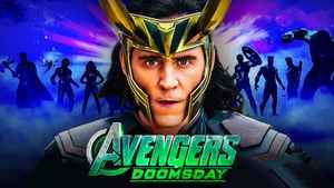 Avengers Doomsday logo, Loki, MCU heroes in background