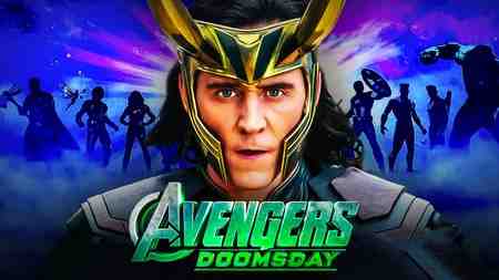 Avengers Doomsday logo, Loki, MCU heroes in background