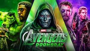 Avengers characters with Doctor Doom in center; Avengers: Doomsday logo.