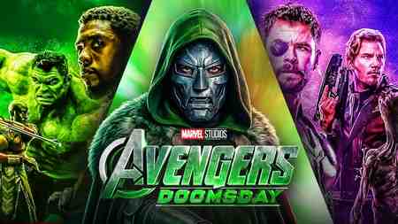 Avengers characters with Doctor Doom in center; Avengers: Doomsday logo.