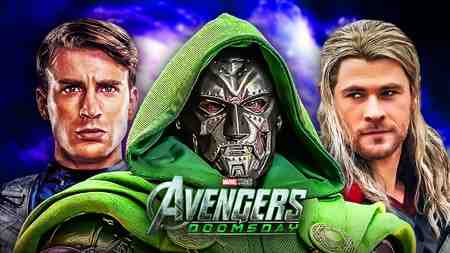 Chris Evans as Captain America, Doctor Doom, Chris Hemsworth as Thor, Avengers: Doomsday title card