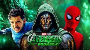 Mr Fantastic, Doctor Doom and Spider-Man with Avengers Doomsday logo.