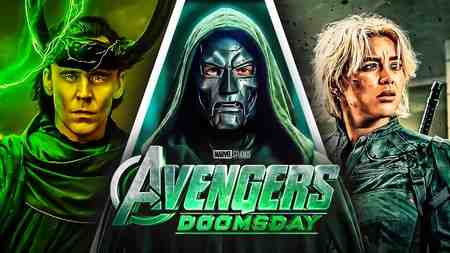 Doctor Doom standing between Yelena Belova and Loki behind the Avengers: Doomsday logo.