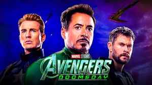 Chris Evans, Robert Downey Jr., Christ Hemsworth; Avengers Doomsday logo.