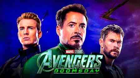 Chris Evans, Robert Downey Jr., Christ Hemsworth; Avengers Doomsday logo.