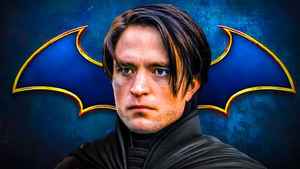 Batman unmasked, played by Robert Pattinson, Batman symbol in background