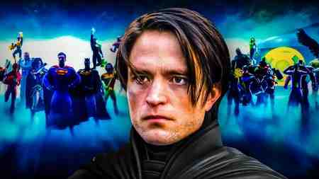 The Batman's Robert Pattinson in front of DC characters.
