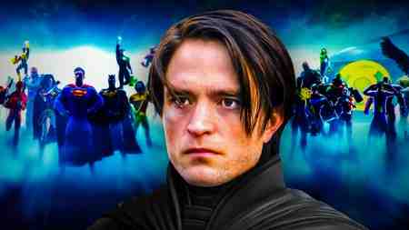 Robert Pattinson as Batman in front of DC superheroes
