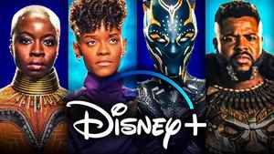 Shuri, Okoye, M'Baku, and Shuri as the Black Panther; Disney+ logo.