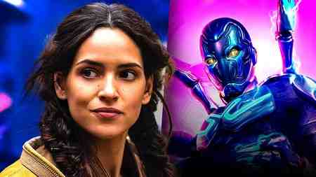 Adria Arjona next to Blue Beetle.