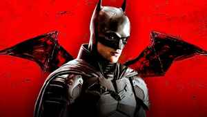 Robert Pattinson's Batman with red batman logo background.