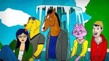 Bojack Horseman with main characters Diane, Mr Peanutbutter, Bojack, Princess Carolyn, Todd