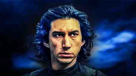 Adam Driver as Ben Solo against dark blue background.