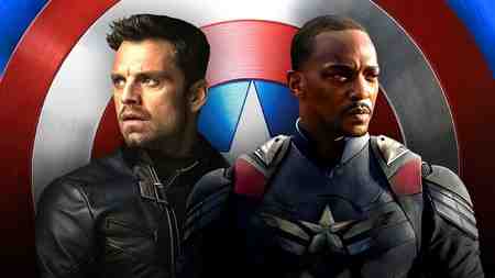 Sam Wilson and Bucky Barnes in front of Captain America's shield.