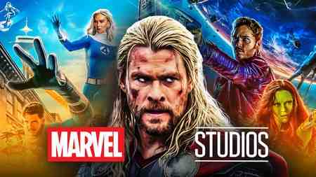 Chris Hemsworth's Thor alongside the Fantastic Four and the Guardians; Marvel Studios logo.
