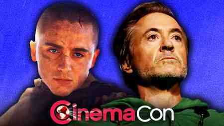 Timothee Chalamet as Paul Atreides, Robert Downey Jr. as Doctor Doom; CinemaCon logo.