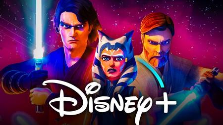 Clone Wars characters Ahsoka, Anakin, Obi-Wan Kenobi, Disney Plus logo