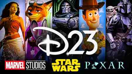D23 logo, Marvel Studios, Star Wars, Pixar logos, Disney characters