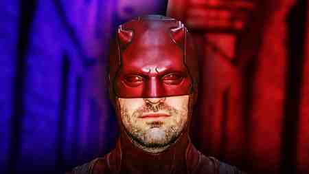 Daredevil in front of a blue and red background.