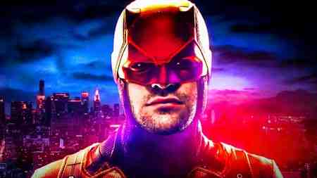 Daredevil in costume and mask in MCU poster image.
