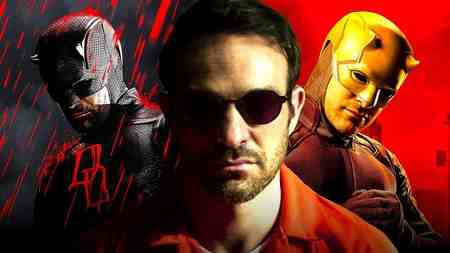 Matt Murdock in front of two different Daredevil costumes.