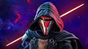 Darth Revan, red lightsaber in background.