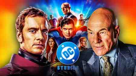 Magneto and Professor X in front of Superman characters and the DC Studios logo.