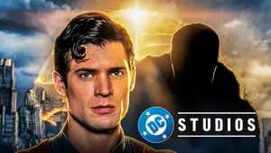 Superman next to the DC Studios logo and in front of Argo City.