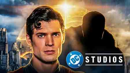 Superman next to the DC Studios logo and in front of Argo City.