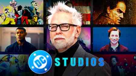 Image of James Gunn alongside thumbnails of Lanterns, The Penguin and other DC shows.