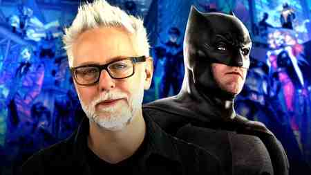 James Gunn next to Batman with a background of DC characters.