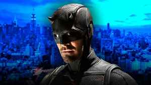 Charlie Cox Daredevil in black suit in front of blue New York background.