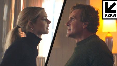 Samara Weaving and Jason Segel in Over Your Dead Body.