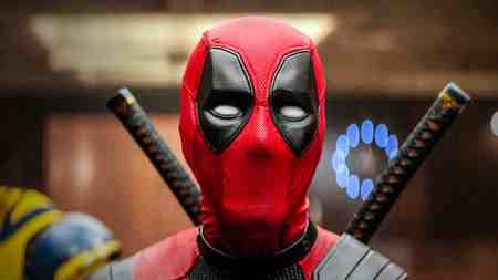 Deadpool in mask in TV in Deadpool and Wolverine