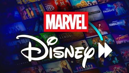 Marvel and Disney Plus logos, tiles in background