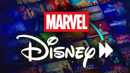 Marvel and Disney Plus logos, tiles in background