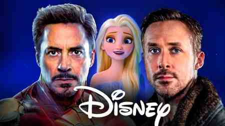 Disney logo, Tony Stark, Ryan Gosling, Esla from Frozen