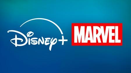 Disney Plus and Marvel logos, blue background