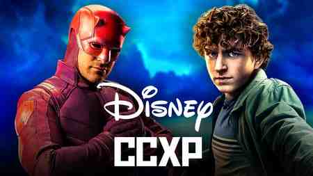 Charlie Cox as Daredevil, Disney logo, CCXP logo, Walker Scobell as Percy Jackson
