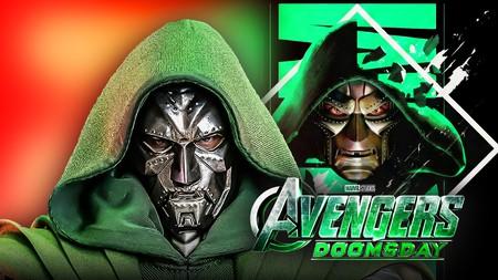 Doctor Doom in a green hood next to his face on a black shirt.